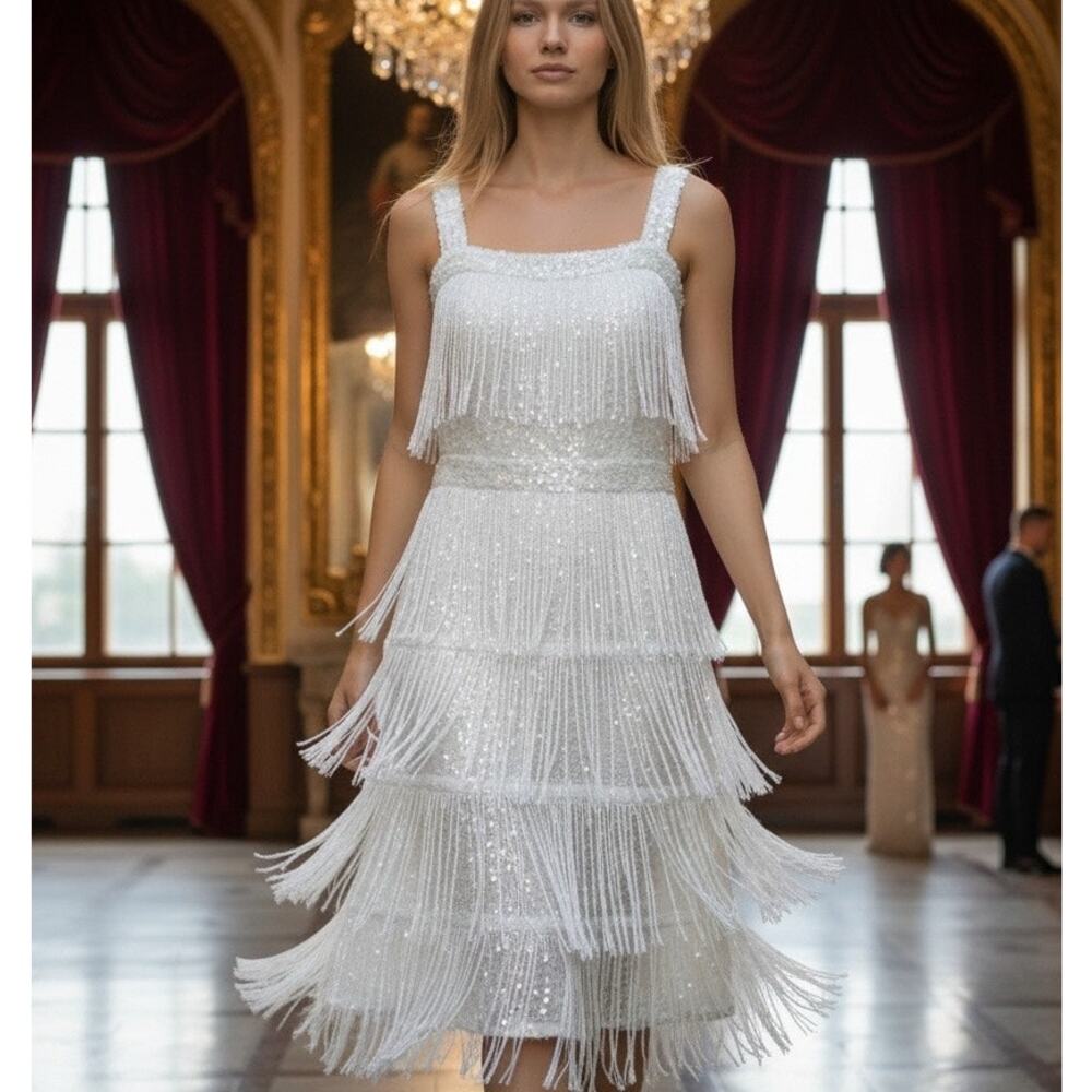Flapper Dress Beaded White Great Gatsby Party Dress XL